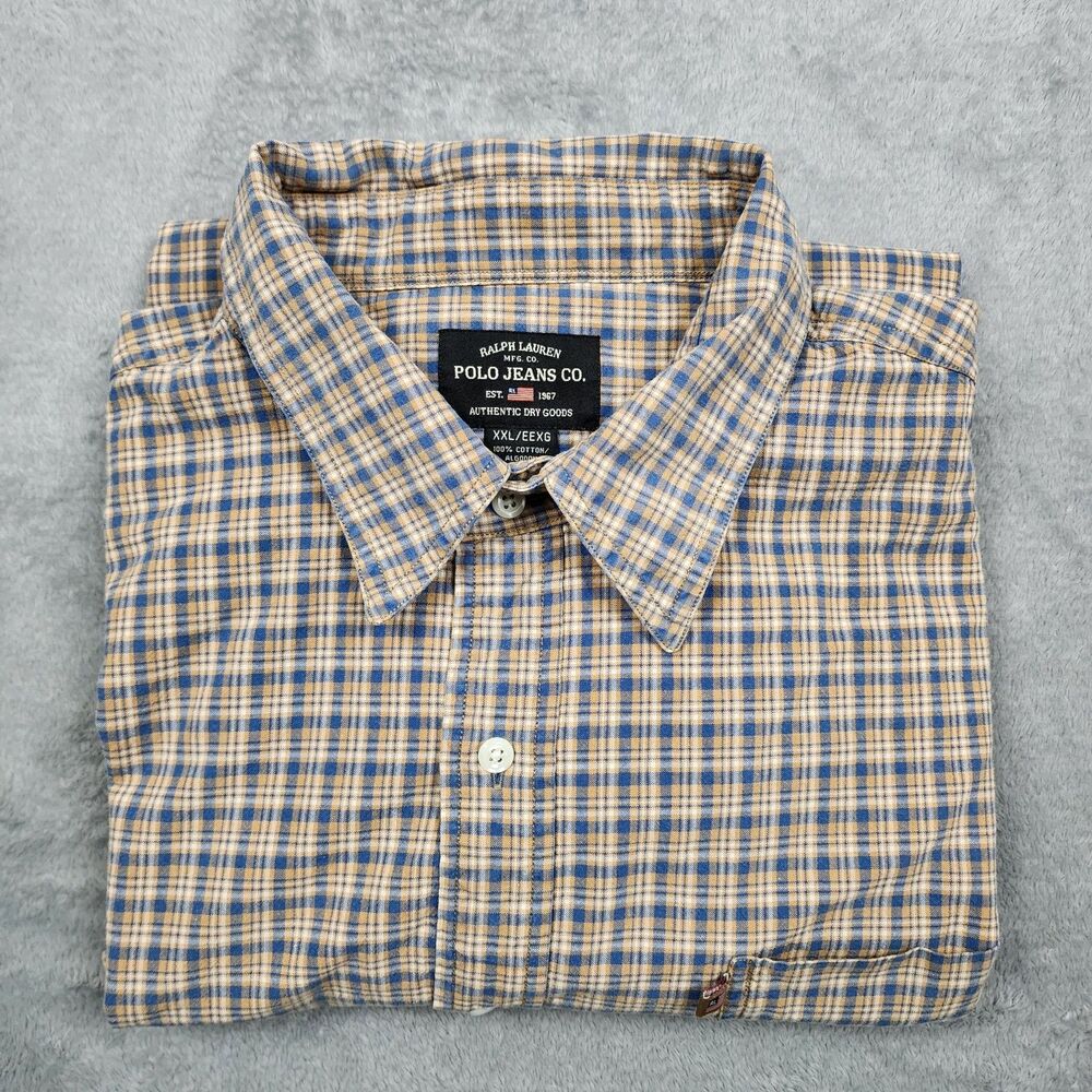 Polo Jeans Co Ralph Lauren Mens Plaid Button Up Long Sleeve Shirt XXL Brown